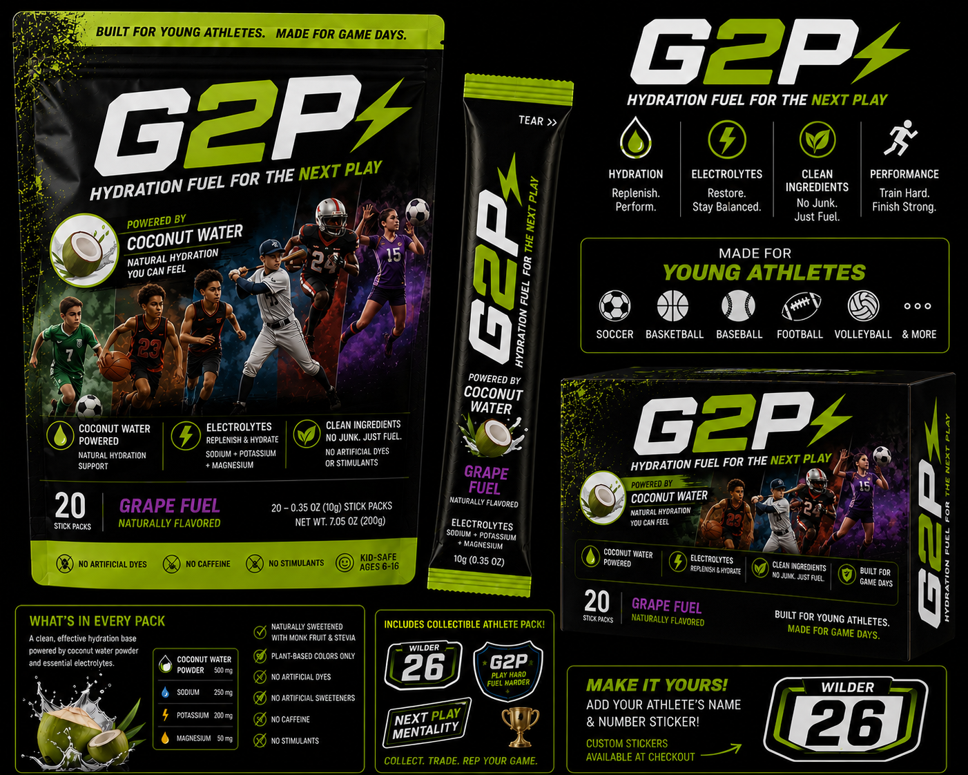 G2P sports hydration — coconut water powered stick packs for young athletes
