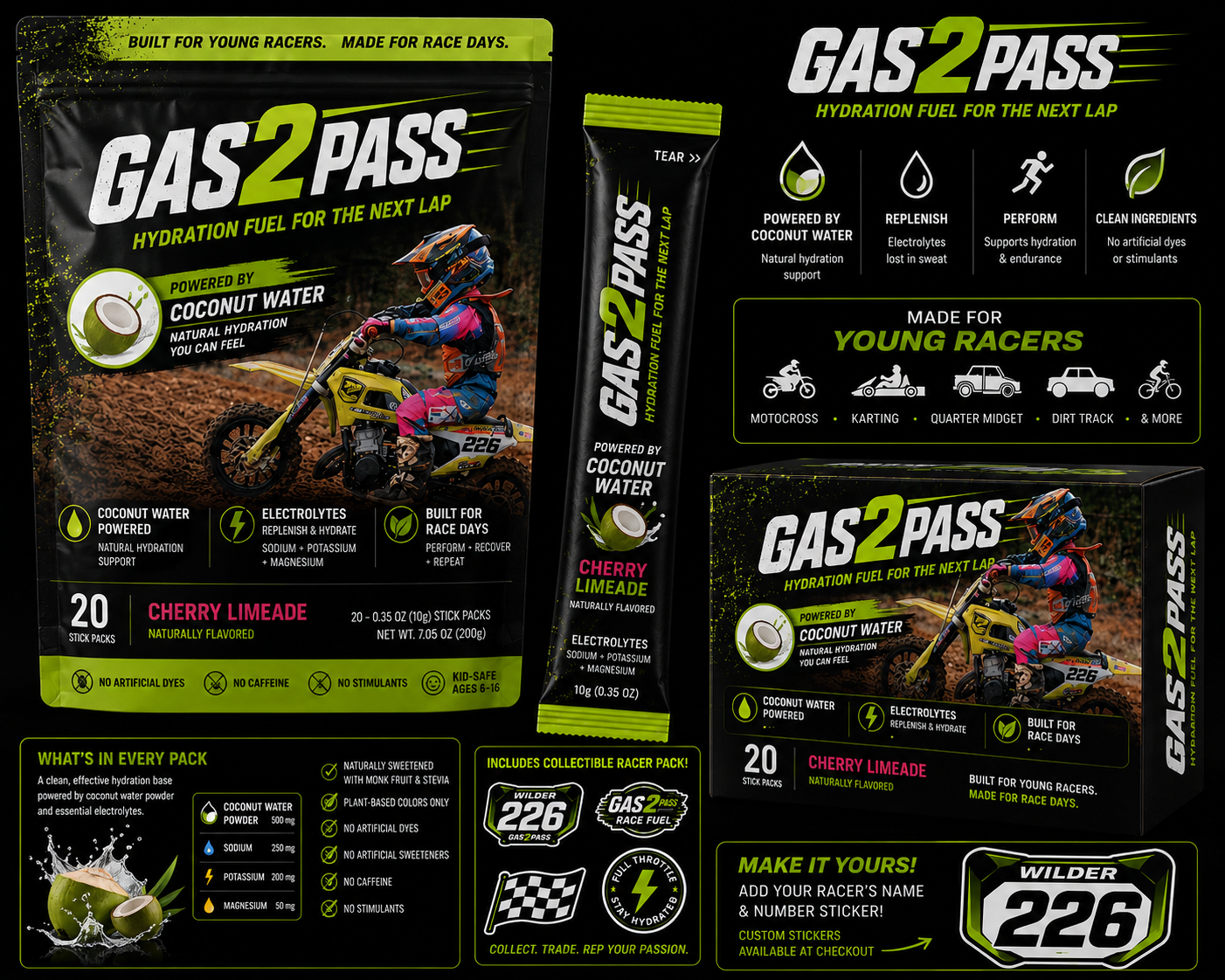 Gas 2 Pass Cherry Limeade stick pack, pouch, and retail box featuring Wilder #226